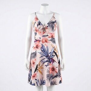 Boohoo Pink Tropical Floral Tie Front Cutout Skater Dress Summer Vacation